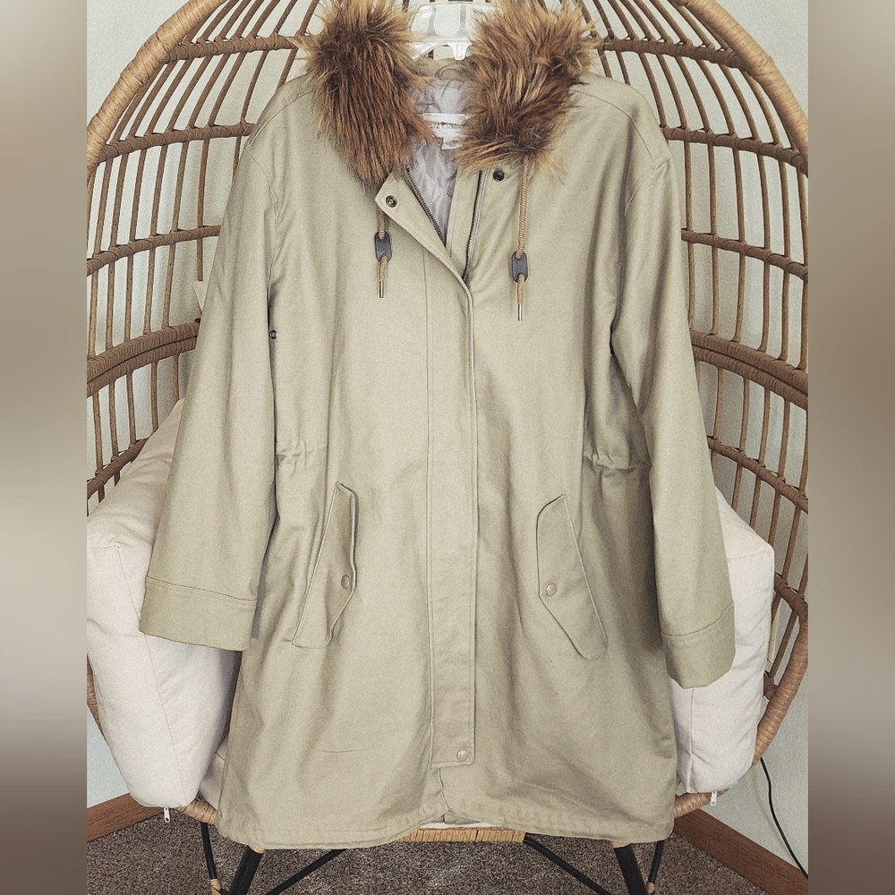 Liz Claiborne Hooded Womens Tan/Khaki Lined Trench Coat Zip-Up/Snap Close Size L